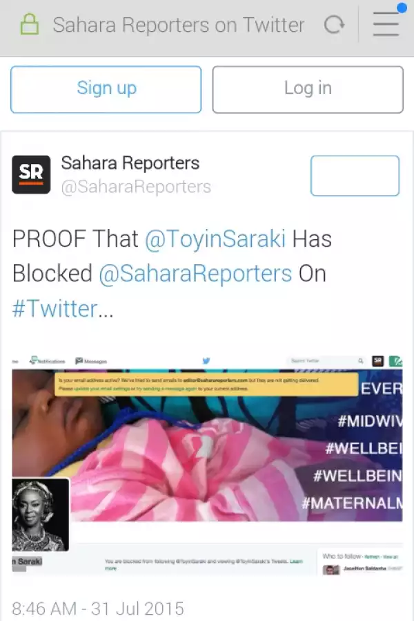 Toyin Saraki Blocks Sahara Reporters On Twitter [See Photo]